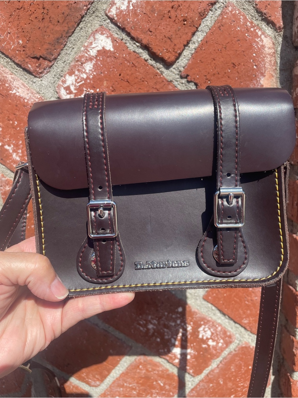 Doc Martens Brown Leather 7” Satchel  with Yellow Stitching and Silver Logo.
